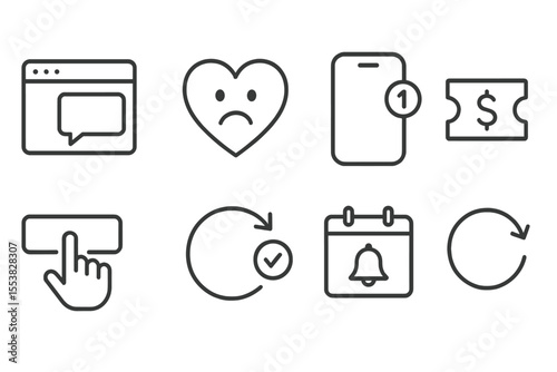Re-engagement Tools Icons. Line style icons of re-engagement tools: come back popup, we miss you icon, app badge alert, exclusive