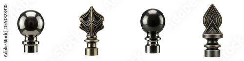 Decorative metal finials in various styles and shapes on white background  