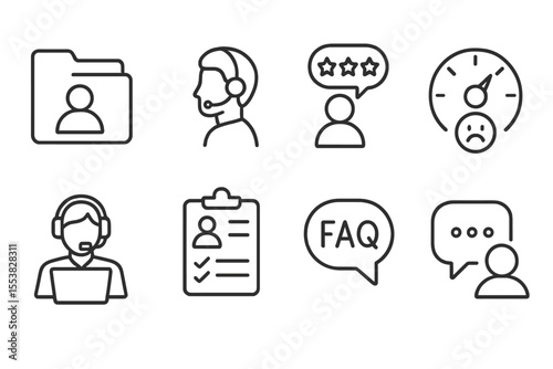 Client Services Icons. Line style icons of client services: client file, support call, customer feedback, satisfaction meter, help
