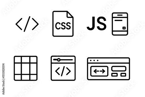 Frontend Development Icons. Line style icons of frontend development: HTML tag, CSS file, JavaScript symbol, responsive design,