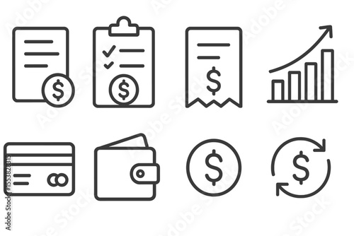Financial Icons Set. Line style icons of financial operations: invoice, budget plan, payment receipt, profit chart, credit card,