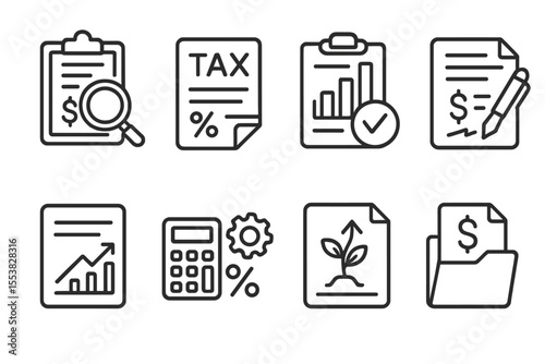 Corporate Finance Icons. Line style icons of corporate finance: budget review, tax form, financial audit, loan document, revenue