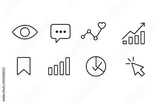 Engagement Metrics Icons. Line style icons of engagement metrics: views counter, comments number, likes chart, reach graph, saves