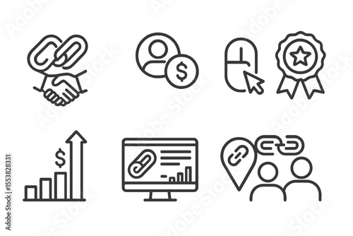 Affiliate Marketing Icons. Line style icons of affiliate marketing: partner link, commission icon, click-through, referral badge,
