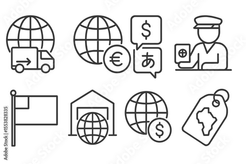 Global E-commerce Icons. Line style icons of global e-commerce: international shipping, currency selector, language switch,