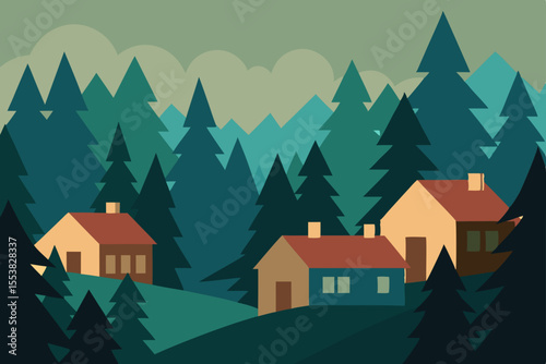 Serene Mountain Village A Charming Illustration of Houses nestled in a lush green forest