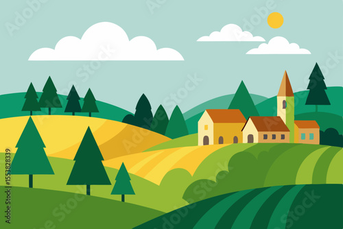 Charming Village Landscape Rolling Hills, Sunny Fields, and Picturesque Churches