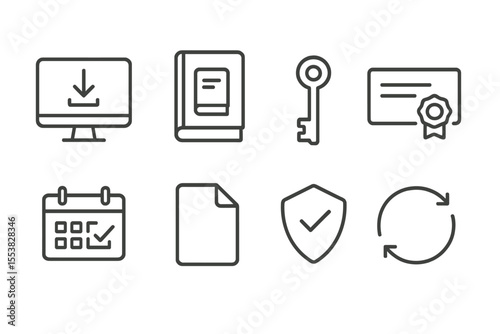 Digital Product Icons. Line style icons of digital products: digital download, e-book icon, software key, license icon,