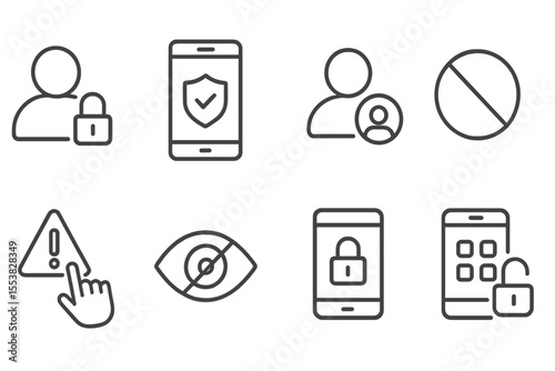 Privacy Security Icons. Line style icons of privacy and security: account lock, two-factor icon, private profile, block icon,