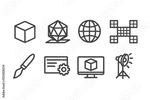 3D Art Line Icons. Line style icons of 3D art projects: 3D cube, wireframe model, UV mapping, texture unwrap, sculpting tool,
