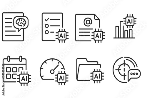 AI Productivity Icons. Line style icons of AI in work: meeting note AI, task prioritizer, email draft assistant, project
