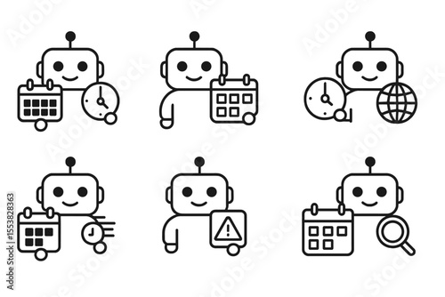 Smart Scheduling Icons. Line style icons of smart scheduling bots: meeting planner, calendar sync, time zone assistant, daily
