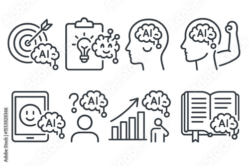 AI Growth Icons. Line style icons of AI in personal growth: goal tracker, habit suggestion, personality test AI, motivation coach,