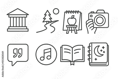 Creative Journey Icons. Line style icons of artistic inspiration: museum icon, nature trail, sketch from life, photo walk, quote
