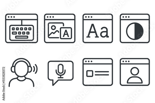 Web Accessibility Icons. Line style icons of accessibility in web: keyboard nav, alt text, font scaling, high contrast, screen