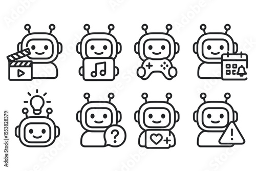 Entertainment Bot Icons. Line style icons of entertainment bots: movie suggestion, playlist creator, gaming guide, episode