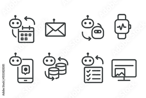 Bot Integration Icons. Line style icons of bot integrations: calendar sync, email connector, smart speaker, wearable link, app