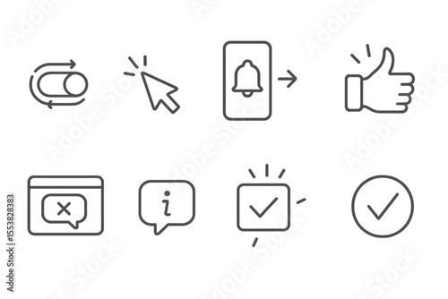 Microinteraction Line Icons. Line style icons of microinteractions: toggle animation, hover hint, swipe alert, reaction icon,
