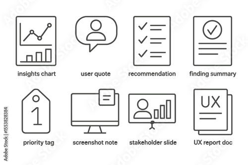 UX Report Icons. Line style icons of UX reporting: insights chart, user quote, recommendation list, finding summary, priority tag,