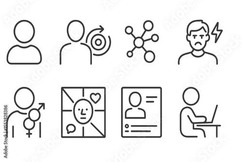 UX Persona Icons. Line style icons of UX personas: persona avatar, user goal, behavior pattern, frustration point, demographic