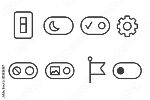 UI Toggle Icons. Line style icons of UI toggles and switches: light switch, dark mode toggle, preference switch, settings toggle,