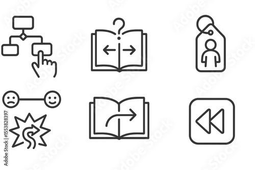 Interactive Story Icons. Line style icons of interactive storytellers: click path, reader choice, mood slider, animation tag,