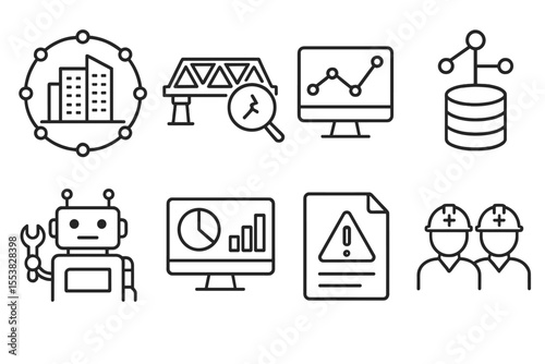 Smart City Monitoring. Line style icons of smart city monitoring: city sensor grid, infrastructure health, live metrics icon, data