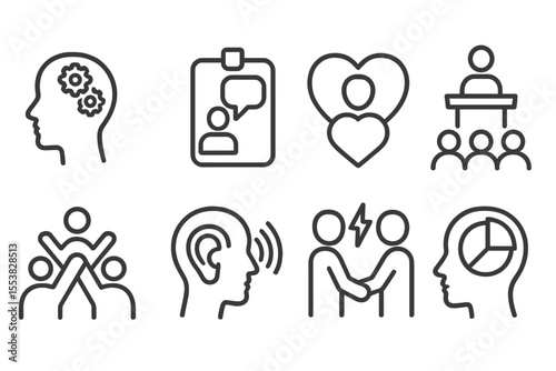 New Learning Icons. Line style icons of new education formats: soft skills learning, communication badge, empathy symbol, public
