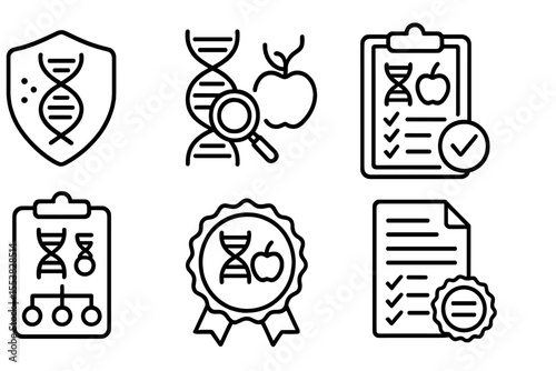 DNA Nutrition Icons. Line style icons of DNA-based nutrition: genetic research badge, nutrition genome study, science-backed diet