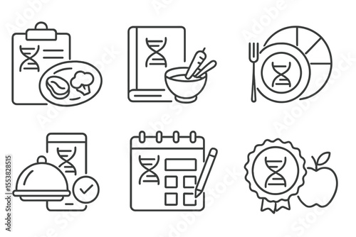 DNA Nutrition Icons. Line style icons of DNA-based nutrition: personalized meal plan, gene-matched recipe, daily diet template,