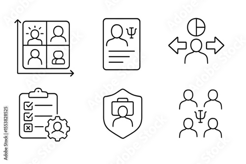 Psychology in Business Icons. Line style icons of psychology in business: workplace behavior map, employee personality card,