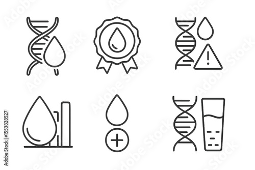 DNA Hydration Icons. Line style icons of DNA-based nutrition: hydration need gene, water intake badge, thirst gene icon,