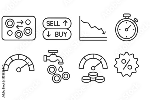 Line Style NFT Icons. Line style icons of NFT and token marketplaces: token trading board, buy-sell toggle icon, floor price chart