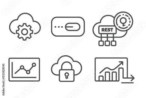 Cloud Engineering Icons. Line style icons of cloud engineering systems: API gateway icon, endpoint URL badge, REST service diagram