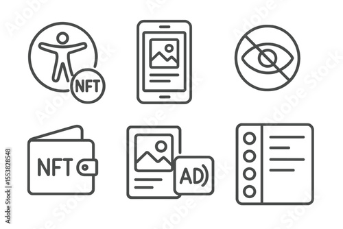 Inclusive NFT Icons. Line style icons of NFT and token marketplaces: NFT accessibility icon, simplified UX screen, colorblind