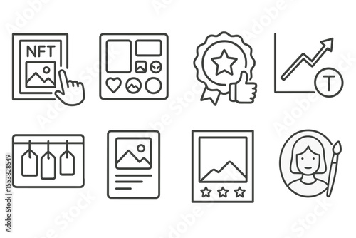 NFT Marketplace Icons. Line style icons of NFT and token marketplaces: NFT art curation icon, collection theme board, curator