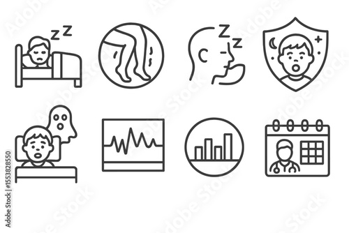 Sleep Disorder Icons. Line style icons of sleep and health: sleep disorder icons, restless legs symbol, narcolepsy chart, night