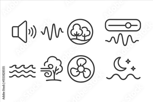 Sleep Sound Icons. Line style icons of sleep and health: white noise icon, calming sound wave, nature audio badge, pink noise