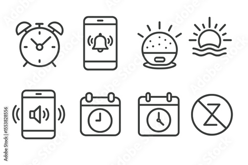 Sleep and Health Icons. Line style icons of sleep and health: alarm clock icon, smart alarm setting, wake-up light icon, sunrise