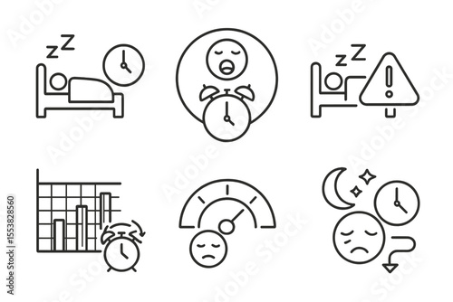 Sleep Health Icons. Line style icons of sleep and health: weekend sleep shift icon, social jet lag badge, oversleep warning, alarm