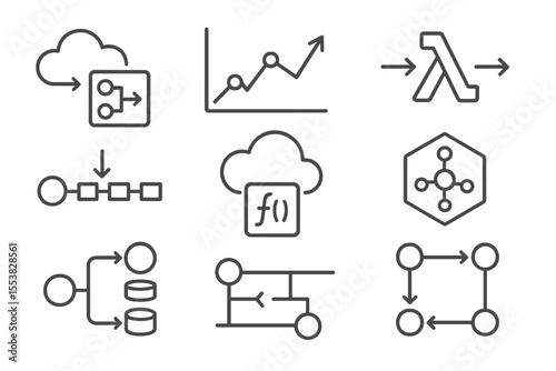 Cloud Engineering Icons. Line style icons of cloud engineering systems: event-driven architecture, message queue icon, lambda