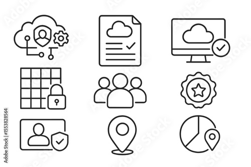 Cloud Engineering Icons. Line style icons of cloud engineering systems: role-based access control, IAM policy file, permission