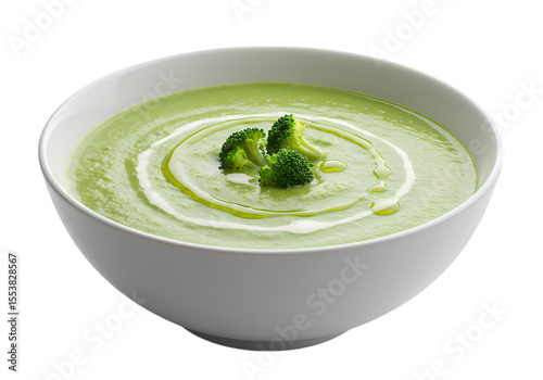 Creamy Broccoli Soup in a White Bowl isolated on transparent background