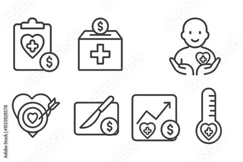 Crowdfunding Healthcare Icons. Line style icons of crowdfunding and donations: healthcare fundraising icon, medical donation box,