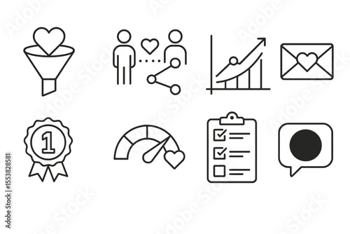 Crowdfunding Icons Set. Line style icons of crowdfunding and donations: donor engagement funnel, supporter journey map, conversion