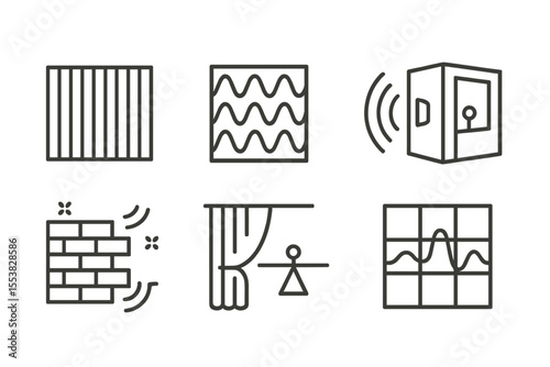 Sound Design Icons. Line style icons of sound design and podcasting: acoustic treatment panel, foam tile icon, echo control symbol