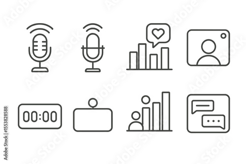 Podcasting Icon Set. Line style icons of sound design and podcasting: live podcast icon, streaming mic symbol, audience
