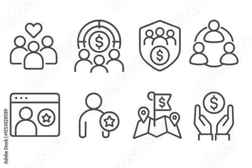 Crowdfunding Icons Collection. Line style icons of crowdfunding and donations: donor community icon, shared goal group, team