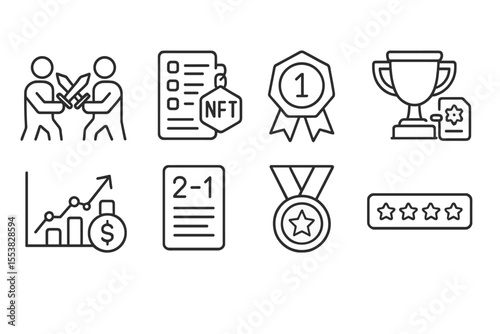 Blockchain Gaming Icons. Line style icons of blockchain gaming (GameFi): PVP battle icon, leaderboard NFT, rank token badge,