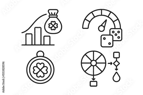 GameFi Line Icons. Line style icons of blockchain gaming (GameFi): item drop rate chart, RNG meter icon, lucky charm token, loot